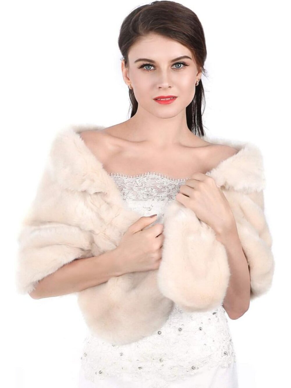 Women's Ivory Faux Fur Shawl Rhinestones Brooch Stylish Wraps and Shawls